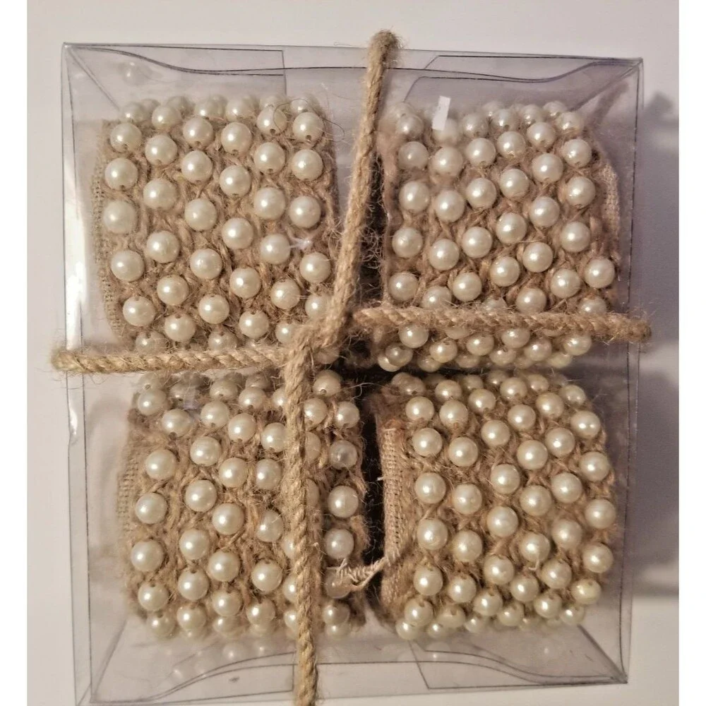 Design Inspirations Burlap & Faux Pearl Napkin Rings Set of 4 French Country New